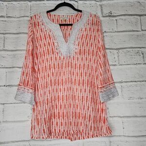 Roberta Roller Rabbit Embroidered Kurta Tunic Blouse Top Pink Coral Metallic S